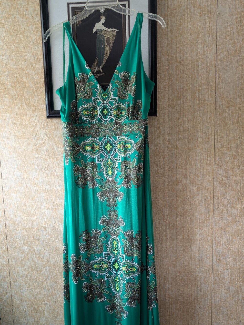 INC - Green Sleeveless V-Neck Maxi Dress with Ornate Print
